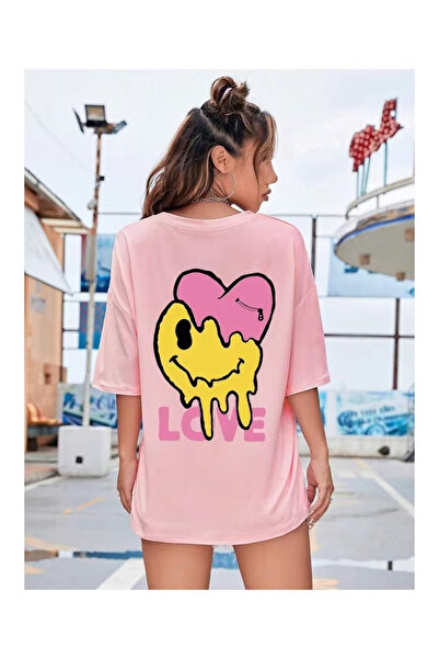 LAND MODA Pink Love Printed Pink Oversize Salas Boyfriend Women's / Girls T-S...
