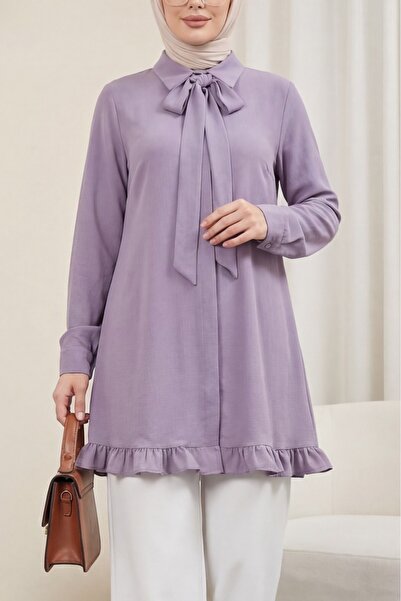 Modamorfo Ruffled Skirt Drawstring Waist Hidden Buttons Modal Tunic -Lilac