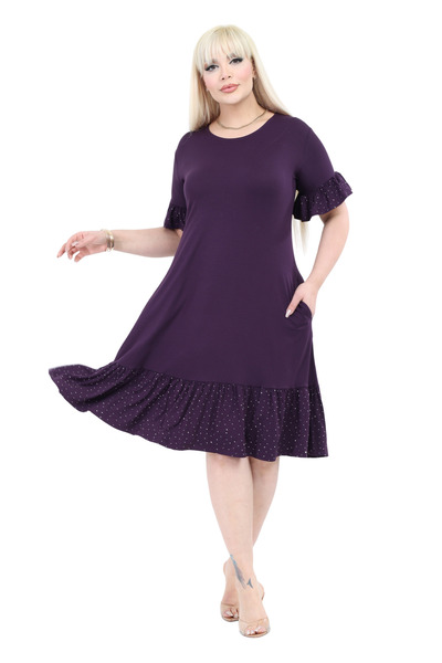 MELSAY Women's Purple Sleeves and Skirt Stone Printed Ruffle Dress