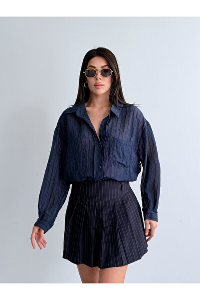 FERZOLAİO Oversized Navy Blue Sheer Shirt