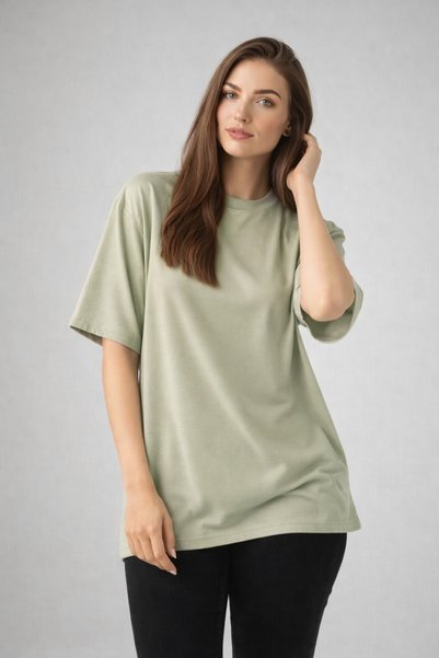 Enva Store Women's Thick-Textured Oversized Fit Round Neck Modal Basic T-Shirt Khaki