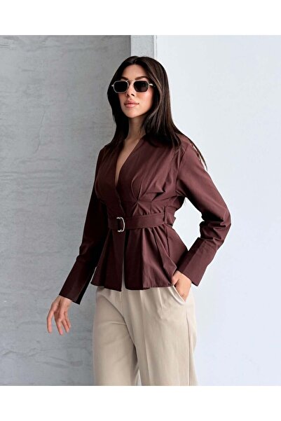 FERZOLAİO Belt Detail Brown Double-Breasted Shirt