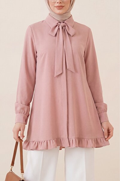 Modamorfo Ruffled Skirt Drawstring Waist Hidden Buttons Modal Tunic - Powder