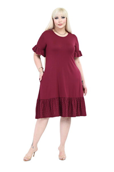 MELSAY Women's Burgundy Sleeves and Skirt Stone Printed Ruffle Dress