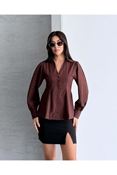 FERZOLAİO Waist-Tied V-Neck Brown Shirt