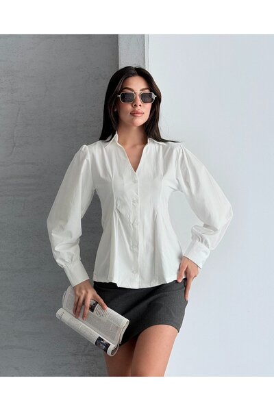 FERZOLAİO Waist-Tied V-Neck Ecru Shirt
