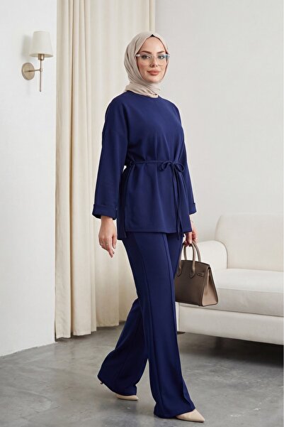Modamorfo Slit Drawstring Waist Suit with Folded Sleeves and Trousers - Navy