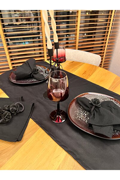 Rachel Large Linen Black Table Runner 6Pcs Napkin 6Pcs Ring Set