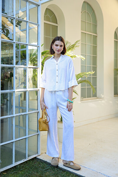 By Pommes Life Women's Folded Capri Sleeve Linen Shirt