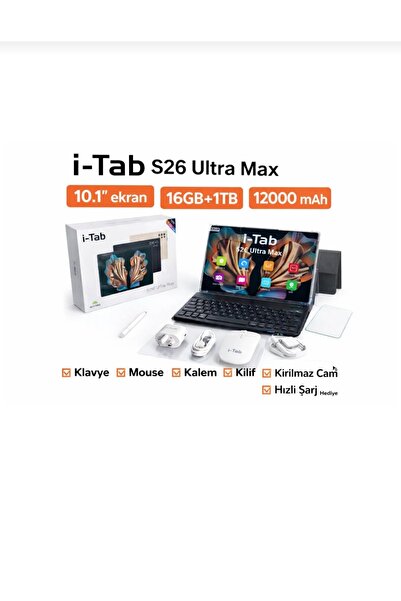 İ-TAB S26 ultra Max tablet sim kartlı full set klavye+mouse+kalem+kılıf+hızlı...
