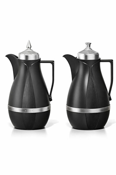 Urbanza طقم فاخر من إبريقين للقهوة والشاي، أسود اللون بغطاء فضي، طقم تقديم أن...