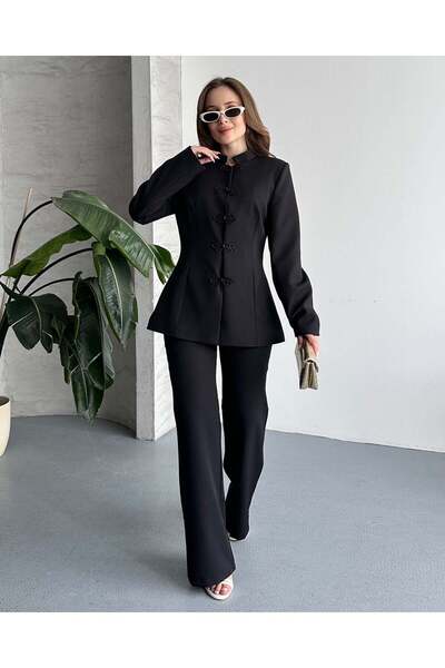 FERZOLAİO طقم سترة وبنطلون أسود بأزرار صيني