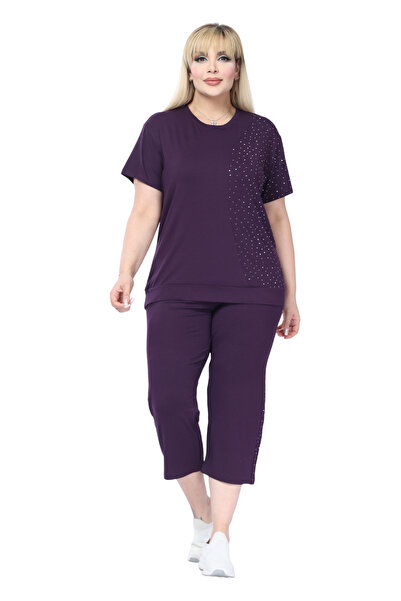 MELSAY Γυναικείο Μωβ κοντομάνικο σετ κάπρι με στάμπα μισής πέτρας και ελαστικ...