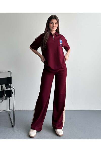 FERZOLAİO Teddy Polo Collar Burgundy Tracksuit Set