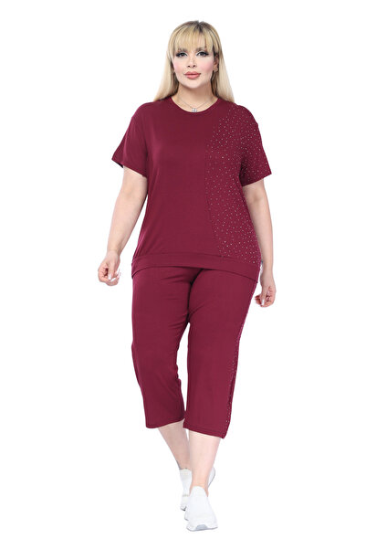 MELSAY Γυναικείο σετ κάπρι με κοντό μανίκι σε μπορντό χρώμα, με στάμπα μισής ...