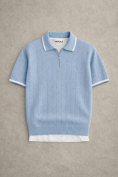 oneoff Ανδρικό μπλουζάκι baby blue Polo Neck Knitwear Με υφή χρωμάτων με μισό...