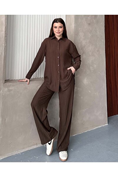 FERZOLAİO Brown Pleated Shirt and Trousers Two-Piece Set