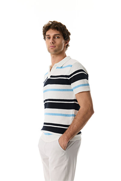 Mudo Striped Loose Fit Polo Collar Short Sleeve Knit Sweater