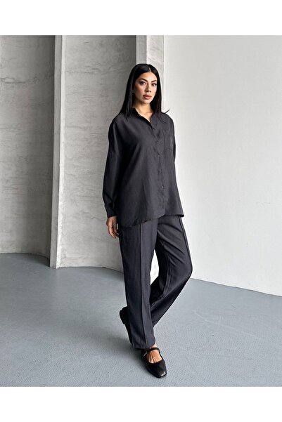 FERZOLAİO Anthracite Linen Shirt Pants Set