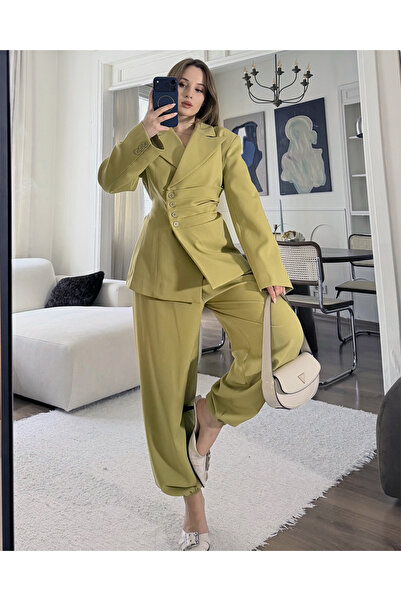 FERZOLAİO Bel Tie-Detail Khaki Blazer Trousers Suit