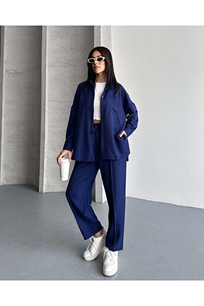 FERZOLAİO Navy Blue Linen Shirt Trousers Set