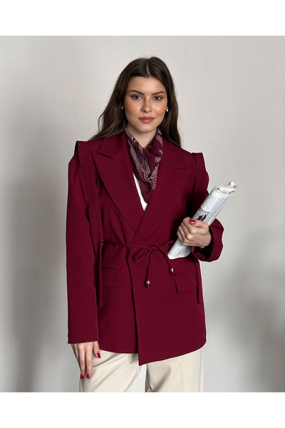 FERZOLAİO Shoulder Detail Belted Burgundy Blazer Jacket