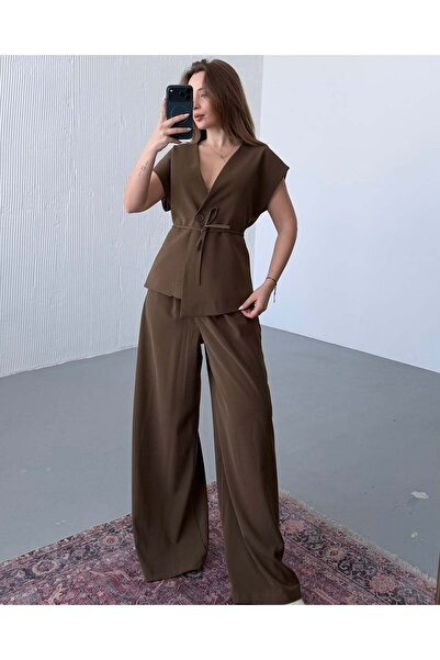 FERZOLAİO Double-Breasted Belden Tie-Detail Chocolate Brown Set