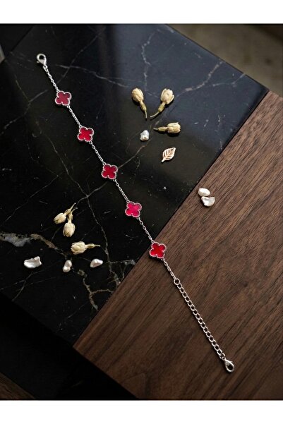Meneva Aksesuar Red Enameled 5-Leaf Clover Silver Color Chain Stainless Steel...