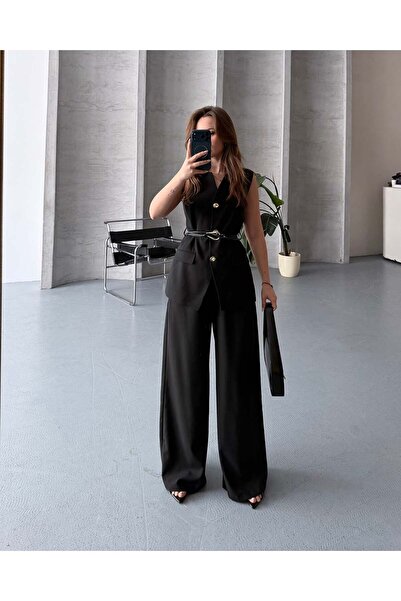 FERZOLAİO Belt Detail Black Vest Pants Set