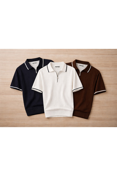 oneoff Set of 3 Men's Knitted Polo Collar Zippered T-Shirts Regular Fit Summe...