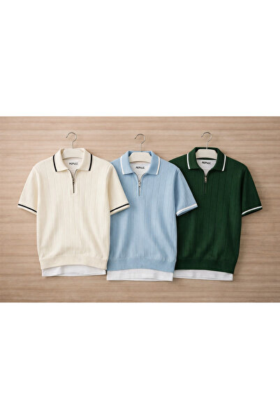 oneoff Set of 3 Men's Knitted Polo Collar Zippered T-Shirts Regular Fit Summe...