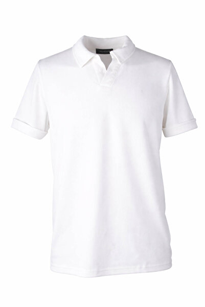 trender 26Yss9000022 White Men's Polo Collar T-Shirt Corded Fabric Half Placket