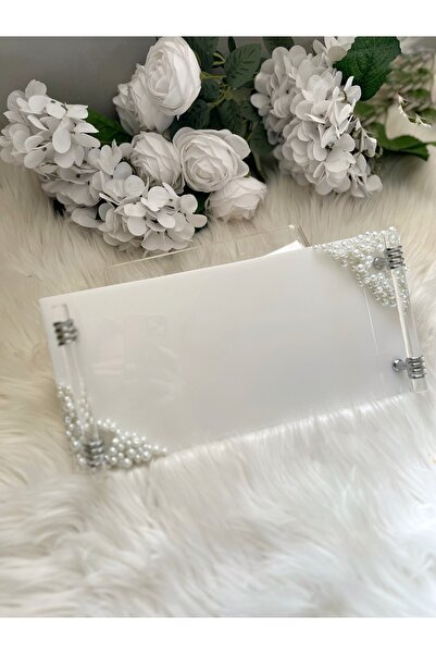 RESİNARTSHOP Epoksi Tepsi İncili Dikdörtgen damat tepsisi gümüş