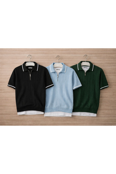 oneoff Set of 3 Men's Knitted Polo Collar Zippered T-Shirts Regular Fit Summe...