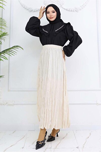 TRENDTESETTÜR KADIN BEJ (TAŞ) KIRIŞIK EFEKTLİ ETEK T 5343