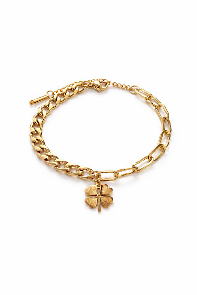 Mope Accessories Şans Yoncası Charm Detaylı Altın Renk Paslanmaz Çelik Bileklik