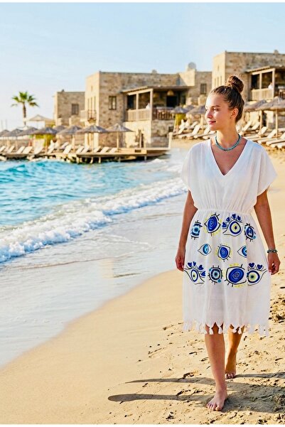 tarzQeen peştemal Nazar Boncuğu Nakışlı V Yaka Plaj Elbisesi Beli Lastikli Bo...