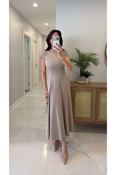 BİRCANÇİL Rochie Fonise Bej Ay cu detalii la mânecă