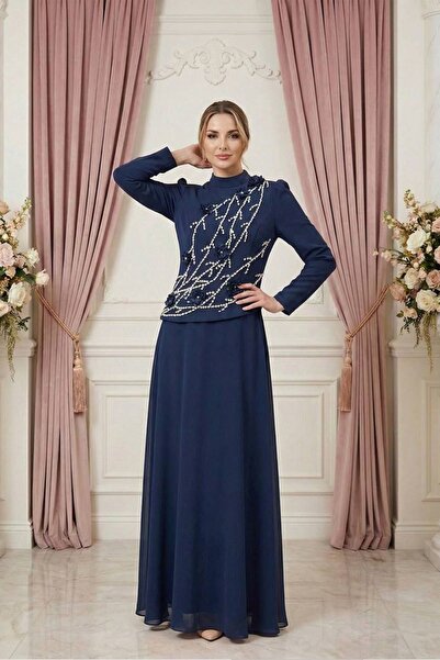 hakimoda Gülci̇han Adriana & Chiffon Evening Dress Navy Blue
