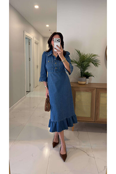 BİRCANÇİL Rochie Cedric bleumarin cu nasturi aurii denim