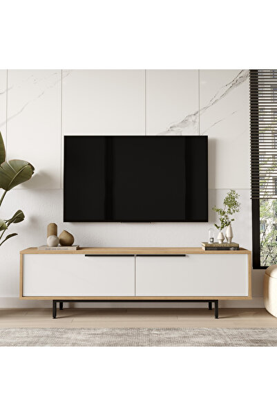 Yurupa Bohem Tv Ünitesi Sehpası Metal Ayaklı 160cm Sepet-Beyaz BOH1-SW