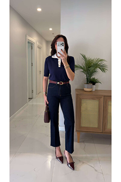 BİRCANÇİL Yelta Albastru închis Extra talie înaltă tiv nefinisat Blugi