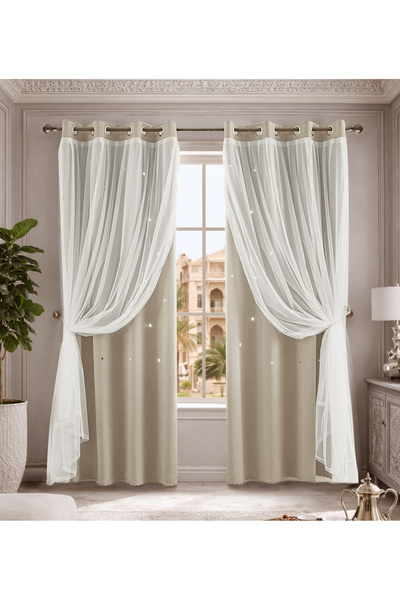 L&Wen Star Blackout Curtains with Sheer, Drapes Grommet Room Curtain (Beige (...