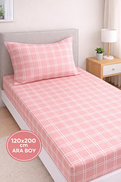 Eponj Home Pes Lastikli Çarşaf Seti OrtaBoy 120x200cm Ekose Pembe