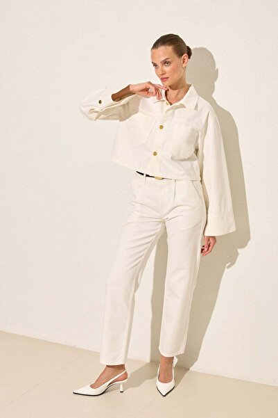 Setre Ekru %100 Pamuk Düğme Ve Kol Detaylı Ceket