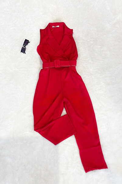LEVURE Sleeveless V-Neck Belt Detail Jumpsuit - Red Red