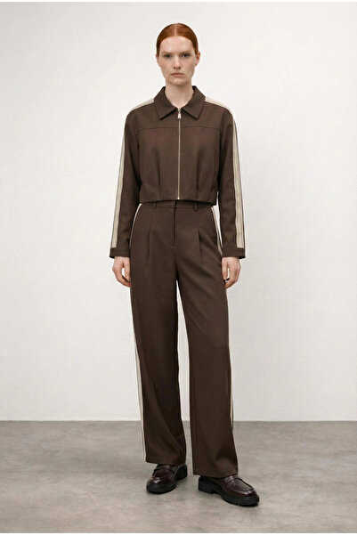 Myra Ön Pileli Şeritli Crop Ceket Kahve