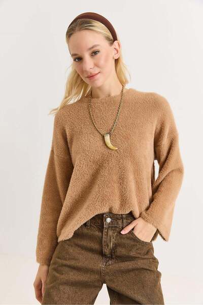 Raneel Kazançlı Alışveriş Women's crew neck Oversized soft fleece mink sweater