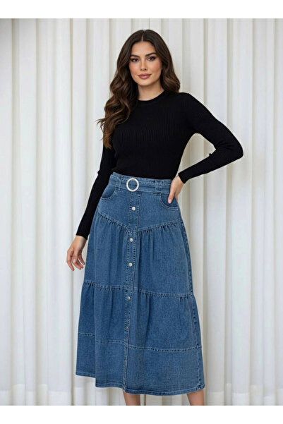 Butik Mavi Kemerli Düğmeli Kot Etek Modelimiz