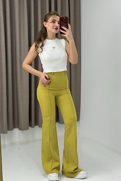 Raneel Kazançlı Alışveriş Yüksel High Waist Striped Flared Trousers Oil Green